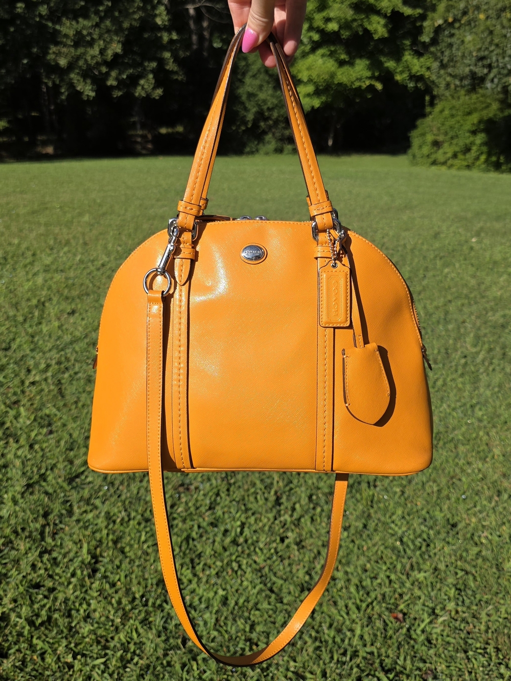Coach Pebbled Leather Dome Satchel in Vibrant Orange
